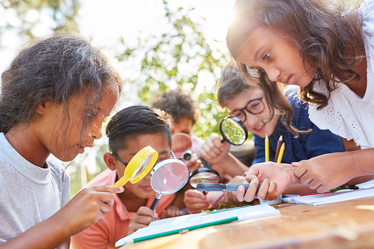 Four students standing with microscopes looking at a table outside.